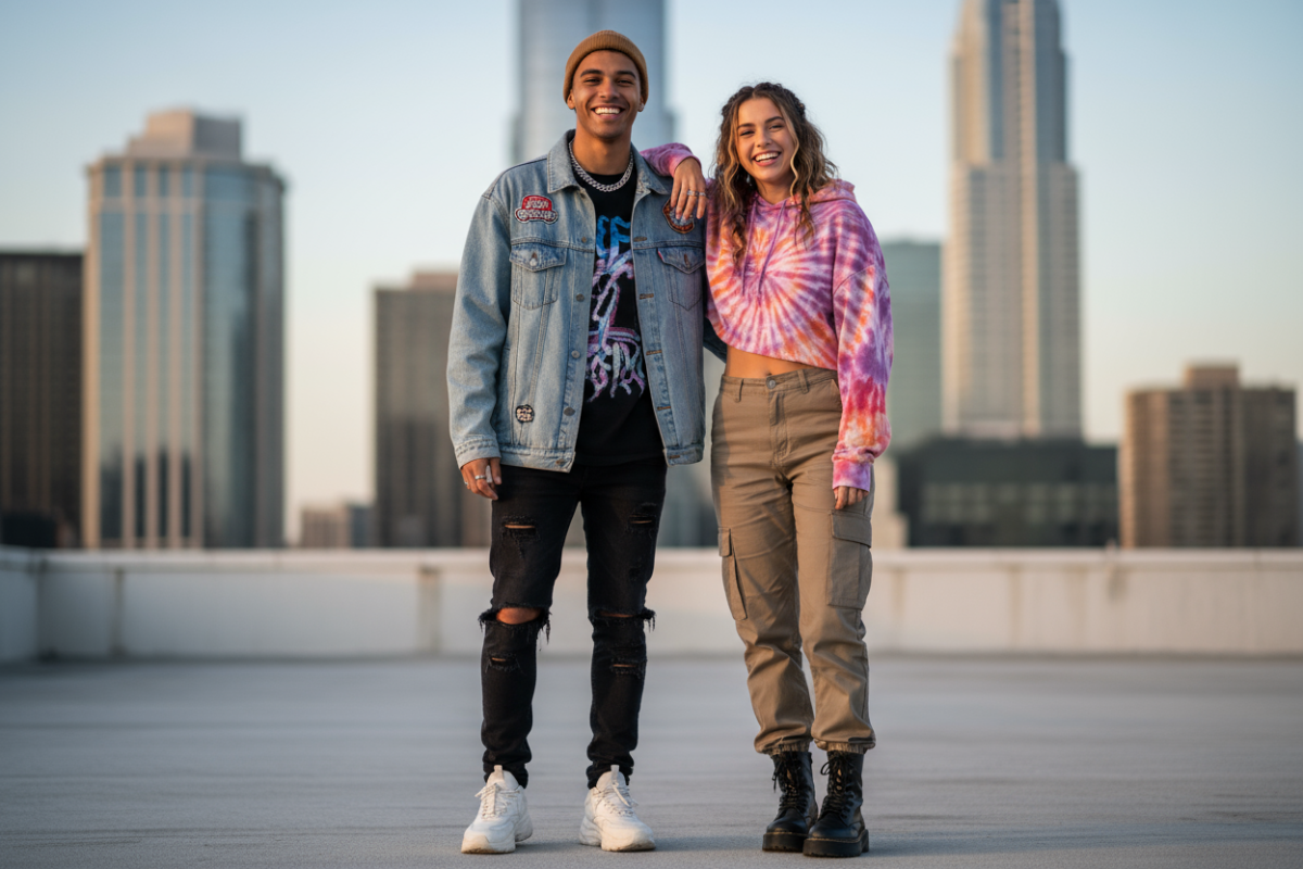 young guy and a girl, guys arm over girls shoulder, hip fashionable, smiling